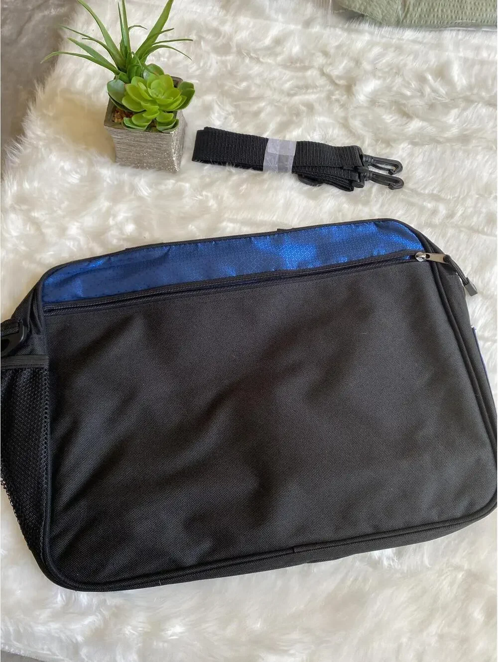 Blue and Black Messenger Bag with Adjustable Strap